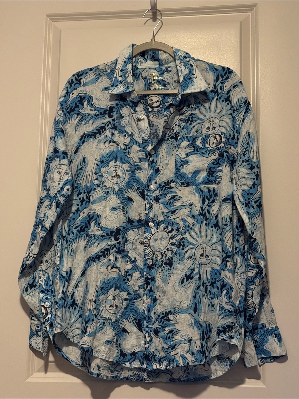 Lilly Pulitzer Blue & White Sun and Wave Button-Down Shirt